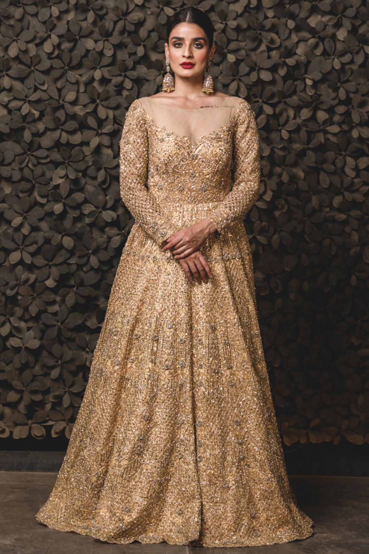Gold Embroidered Gown With Dupatta Design by Angad Singh at Pernia's Pop Up  Shop 2024